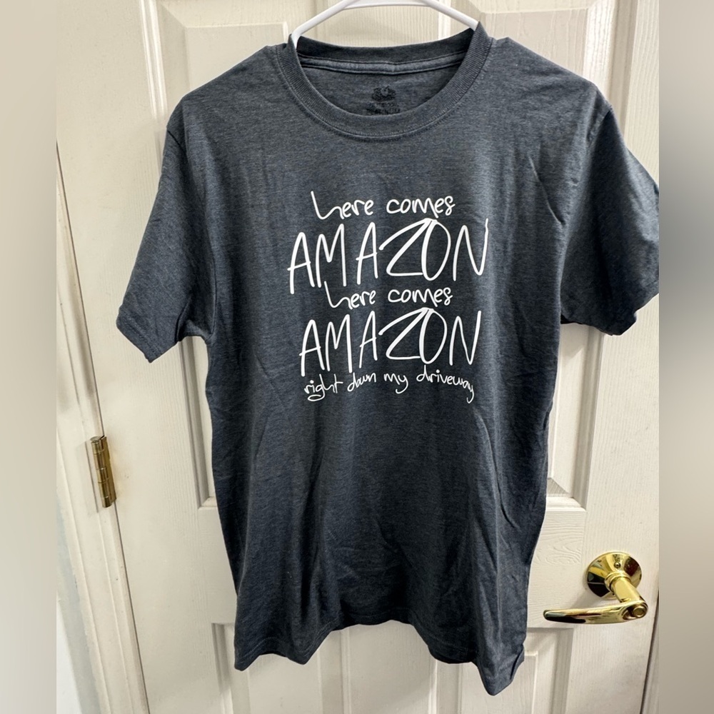 Gray Graphic T-Shirt with Amazon Text for Christmas casual shirt